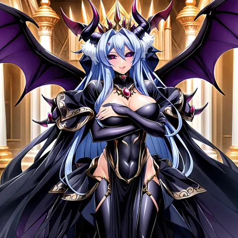 ((highest quality)), ((masterpiece)), (detailed), （Perfect Face）、((The woman is the demonic succubus queen Extia with light blue semi-long hair. The woman is the demonic female succubus and becomes the demonic queen Extia.))、（She is wearing a revealing, lu...