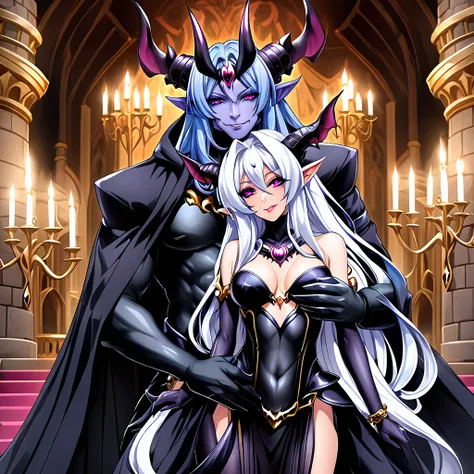 ((highest quality)), ((masterpiece)), (detailed), （Perfect Face）、((The woman is the demonic succubus queen Extia with light blue semi-long hair. The woman is the demonic female succubus and becomes the demonic queen Extia.))、（She is wearing a revealing, lu...