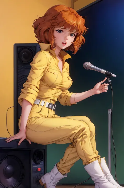 absurdres, april o'neil, 1girl, solo, 1 person in picture, short brown hair, black eyes, full body, yellow jumpsuit, sleeves rol...