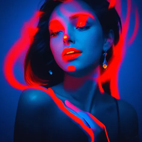 arafed image of a woman with a mans face in the background, an album cover by Giorgio Cavallon, tumblr, digital art, glowing face, blue and red lighting, glowing blue face, red and blue lighting, red and blue back light, blue and red lights, red and blue n...