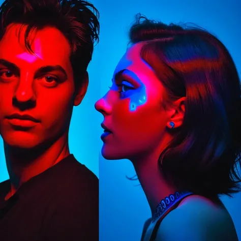 arafed image of a woman with a mans face in the background, an album cover by Giorgio Cavallon, tumblr, digital art, glowing face, blue and red lighting, glowing blue face, red and blue lighting, red and blue back light, blue and red lights, red and blue n...