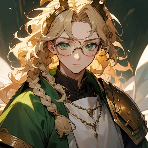 Masterpiece, best quality, expressive eyes, perfect face, 1boy, male focus, solo, blonde hair, braids, wavy hair, scattered hair, crown, green eyes, king outfit, medival outfit, armor, glasses, 