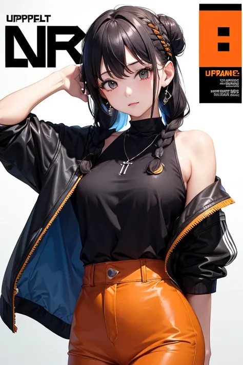 ((Upper body naked))、(Magazine covers:1.3)、ulzzang-6500、(realisitic:1.3)、(Original:1.2)、​masterpiece、top-quality、Beautiful clean face、full body Esbian、1womanl、(Wear headphones with complex electronics)、Wearing a black techwear jacket and orange trousers wi...