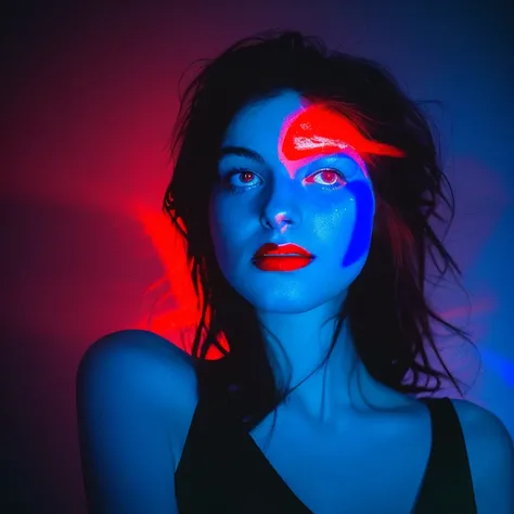 arafed image of a woman with a mans face in the background, glowing face, blue and red lighting, glowing blue face, red and blue lighting, red and blue back light, blue and red lights, red and blue neon, blue and red tones, light falling on face, face illu...