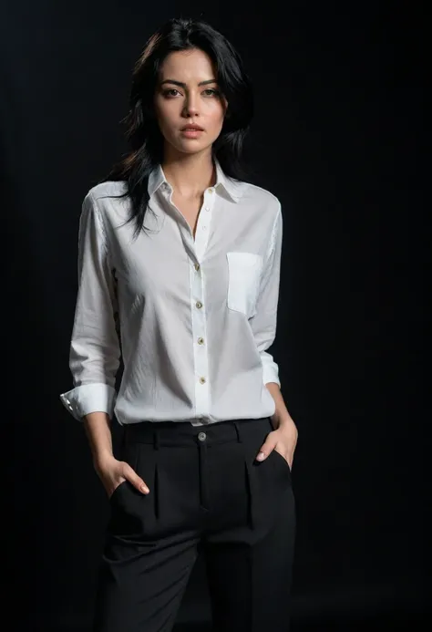 a photo of a seductive woman with loose styled black hair, posing in dark studio, she is wearing Button-up Shirt and Trousers, intricate details, goosebumps, flawless face, nervous, close eyes, (light freckles:0.9), ((photorealistic):1.2), raw