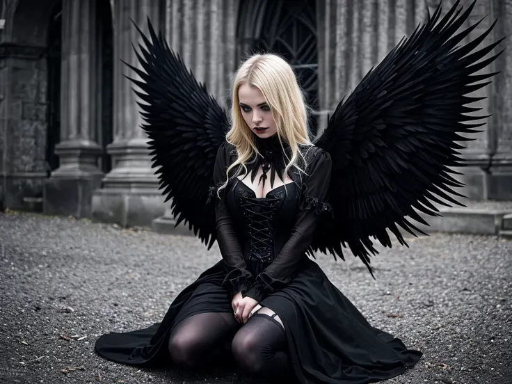 blond woman in black dress sitting on the ground with black wings, villainess has black angel wings, wearing a gothic dress, dark angel, wearing modern gothic clothes, fantasy photoshoot, angel with black wings, gothic girl dressed in black, gothic clothin...