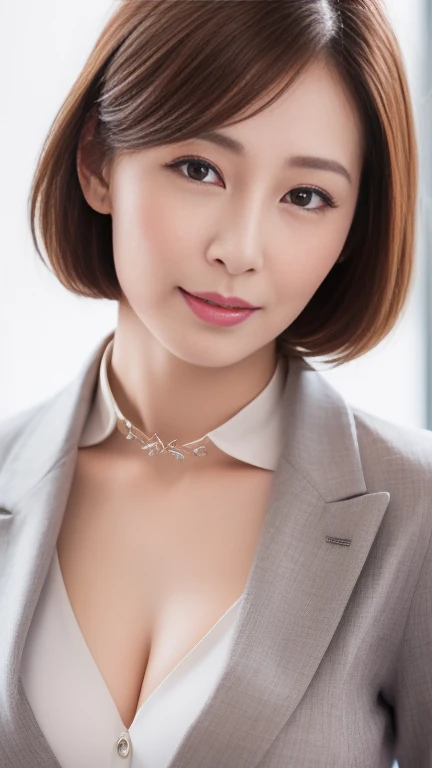 masterpiece,highest quality, (1 mature woman), ((Portraiture:1.5)), compensate, ((Elegant grey suit)), ((White blouse with collar)), Touch your chest, ((Temptation performance)),In the company office、((Light brown short bob))、A gentle smile、A gaze that sed...