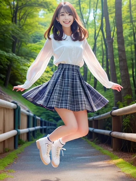 Photo-realistic quality、Wearing a white blouse２０An old woman jumping in the air,   Cute girls in real life, Wearing a flared checked skirt、looking at the camera、Cute Smile、Women like idols、Beautiful Model、A soft and gentle look