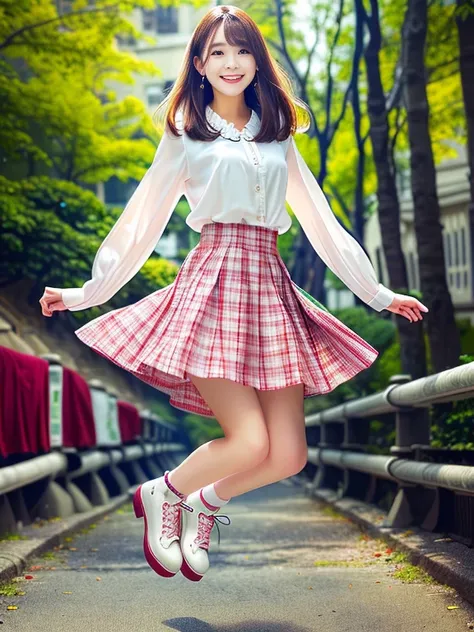 Photo-realistic quality、Wearing a white blouse２０An old woman jumping in the air,   Cute girls in real life, Wearing a flared checked skirt、looking at the camera、Cute Smile、Women like idols、Beautiful Model、A soft and gentle look