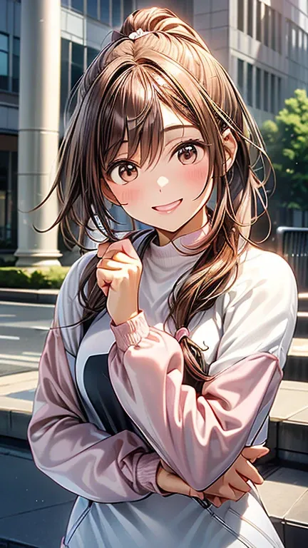 masterpiece、High resolution、High resolution、High resolution、1 female、Very close、((Depiction of only the upper body))、((Brown Hair、ponytail)、A kind smile、Smiling with teeth showing、Pink Lip Gloss、((White long sleeve training wear))、((Early morning city))、