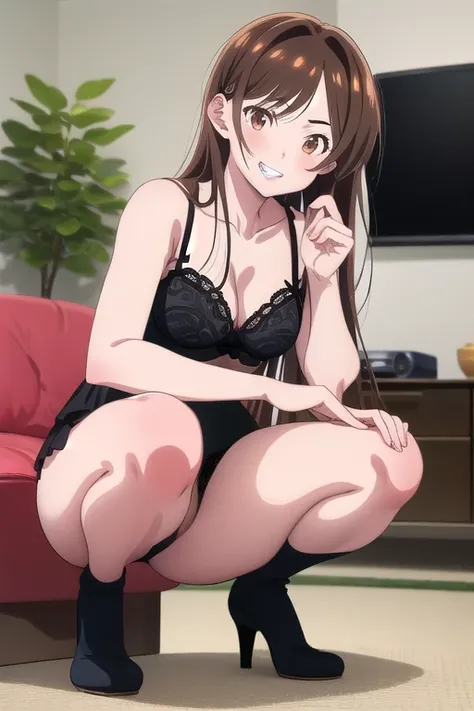 (1 girl), (brown eyes), (Intricate iris detailing), (front),  squatting:1.5, black lingerie, black stockings, grin smile, (Lower your eyes), (Chizuru Mizuhara), (living room background)