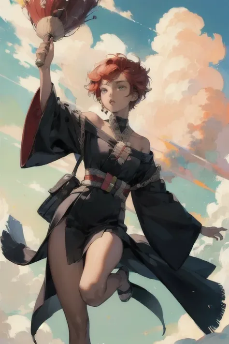 (masterpiece:1.4), (best quality:1.4), (high resolution:1.4), afrocentric skin girl(obsidian skin), riding a broom flying in the sky,cloud, black robe, red hair bow, shoulder bag,
