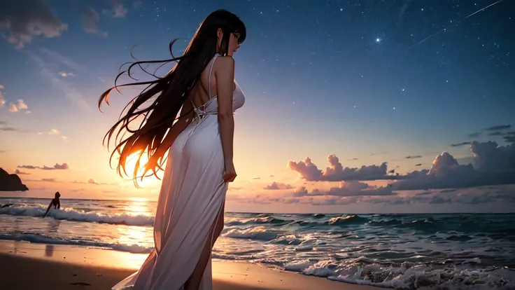 Fantastic, Mysterious, Night, Lights Up, ((Full Shot)), Beautiful Woman On Beach (White Dress), High Quality, ((Healthy Body)), Cool Woman, Long Black Hair