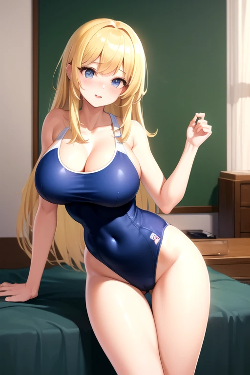 (masterpiece:1.3), (Absurd:1.3), (highest quality:1.3), (Super detailed:1.3)Highest quality、School Swimsuit、Big Breasts、Big Tits、Beauty、cute、32 years old、tall、be in the bedroom、Are standing、Blonde
