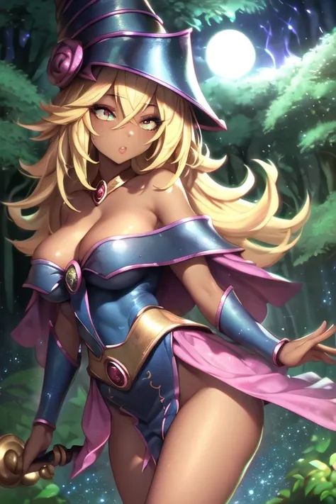 dark magician girl(afrocentric skin), mksks style, (very detailed background:1.0), (highly detailed background:1.0), masterpiece, best quality, (1girl), solo, (forest), long hair, blonde hair, blue headwear, wizard hat, spell casting, nature, trees:1.2, mo...