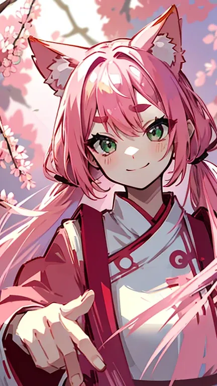 Pink Hair、Green Eyes、Cherry blossom hair accessory、Thick and short eyebrows、Round eyebrows、Chinese and Japanese mixed costume、Pink fox ears、Pink fox tail、Red eyeliner、Low twin tails、Long Hair、smile、Whitish costume、Character portrait、front