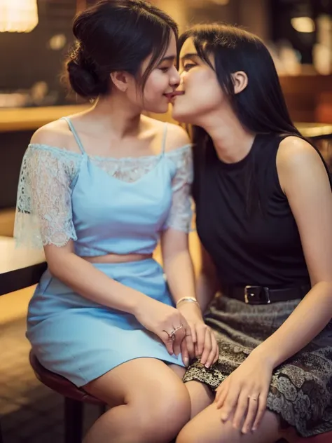 2 Matured lesbian malay women seat and seducing in the cafe , kissing,wearing hijab with lace bra and platted short skirt, smiling, matured, 40 years old, perfect body, matured body, detail skin texture, professional lighting, bokeh, nighttime, soft lighti...