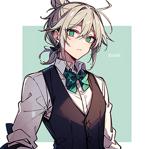 human male , wizard  , white man bun hair, clear skin ,waistcoat  ,bow tie , green pupils,