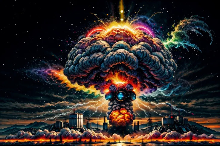 masterpiece, best quality, highres, 8k, (((colorful))),  martius_fuzz, one large illuminated nuclear blast with shockwave by emb-nuke2 in the distance, long distance shot 