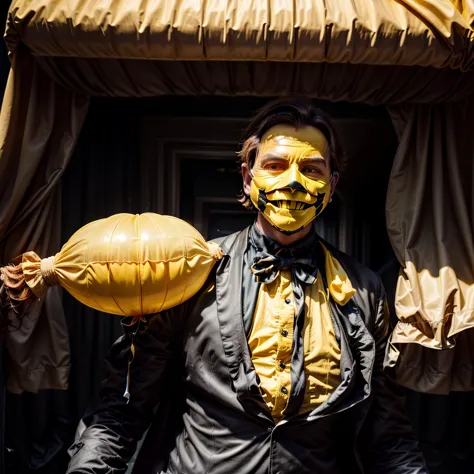 dark aesthetic, a creepy man standing on the other side of the road in a yellow mask with a huge smile, holding a yellow balloon...