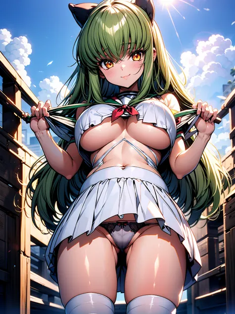 C.C.、Code Geass、upskirt、upskirt、upskirt、Green Hair、Voluptuous body、Plump thighs、Best image quality、A seductive smile、High resolution、masterpiece、super high quality、Spread your legs 、Grey bra、Grey panties、とてもBig Ass、Blushing、4K quality、Sailor suit、Big Ass、Z...