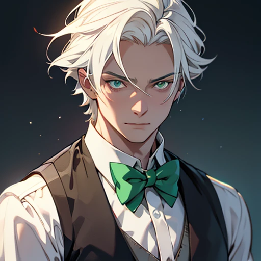 Human Male Adult , Wizard , white Skin  , white hair Style , Clear Skin ,waistCoat  ,bow Tie , Green pupils, 