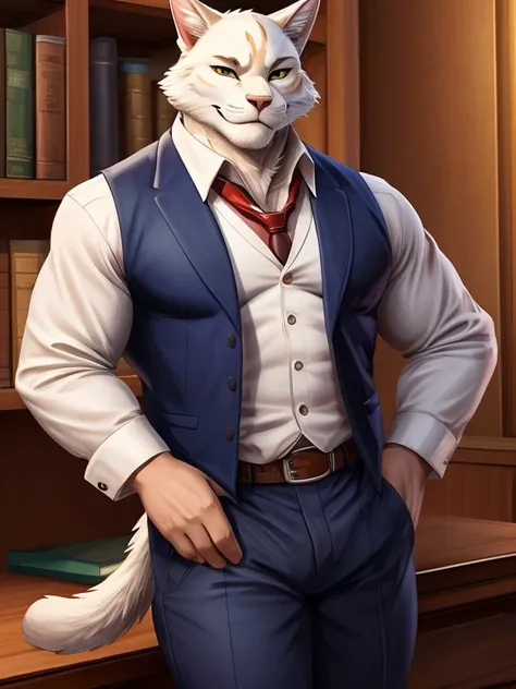 A male cat with white fur stands on his hind legs dressed in pants and a vest, Charming smile