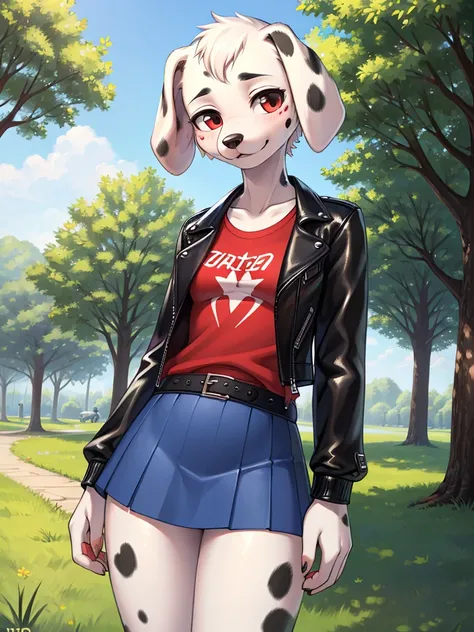 Cute, tall, slender and very sexy Dalmatian 16 years old in the park wearing a red T-shirt,blue skirt and black leather jacket, UHD, retina, masterpiece, accurate, anatomically correct, textured leather, super detailed, high detail, high quality, best qual...