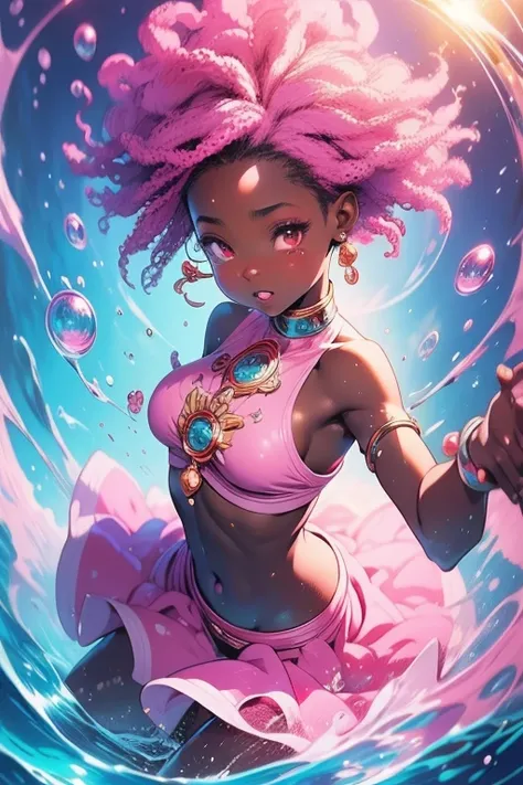 masterpiece, best quality, ultra detailed, 8k, high res, girl(afrocentric skin), surrounded by pink water and bubbles, water element, water bending, anime, anime illustration, anime by sam does art