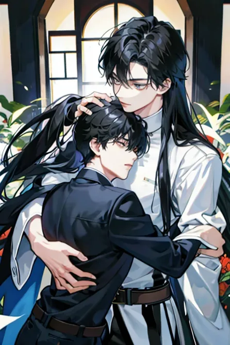 （There were only two men）Black-haired man，Hug another man with long hair。two men embracing