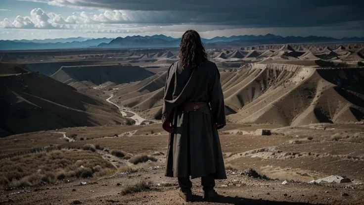 "A dramatic and realistic scene depicting the prophet Ezekiel standing in the middle of a vast valley filled with dry bones. Ezekiel is dressed in traditional ancient priestly garments, his face a mix of awe and reverence as he surveys the desolate landsca...