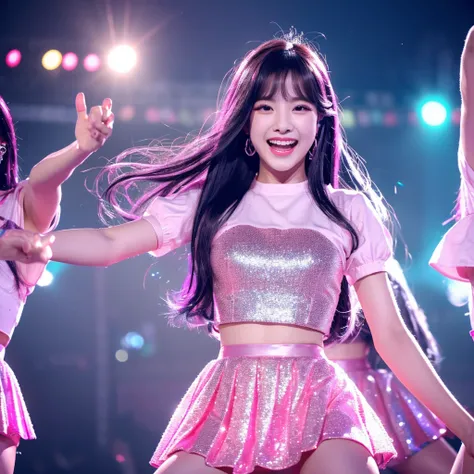 「NSFW」4ｋ、high-detail、Korean girl、Healthy skin、modeled、Beautiful leg mini skirt、kawaii faces、Popular Korea idols with a smile、Big eye false eyelashes、(((Dancing and singing on stage)))、Lit up、Glittering costumes Long black hair To the wind Brown hair and pi...