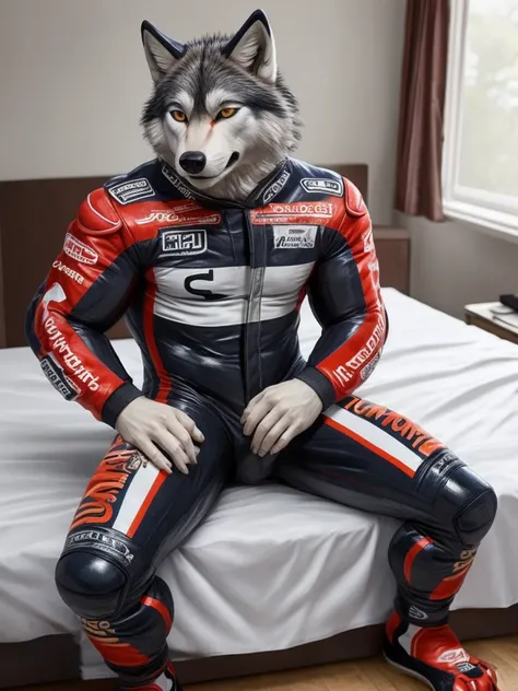 Wolf wearing leather racing suit motogp sitting on bed