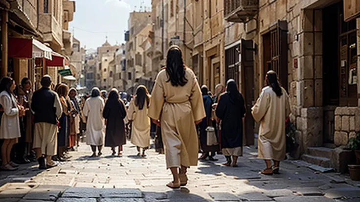 "A vivid and realistic scene depicting Jesus walking through the ancient streets of Jerusalem, surrounded by his disciples. Jesus is at the center, dressed in traditional robes, with a calm and compassionate expression. He is walking along a narrow, cobble...