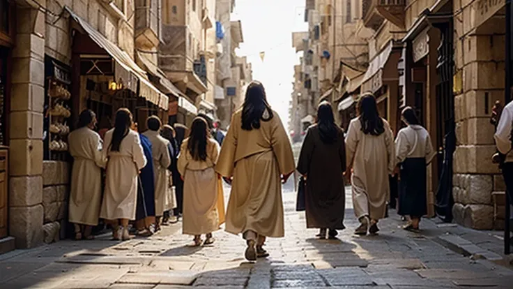 "A vivid and realistic scene depicting Jesus walking through the ancient streets of Jerusalem, surrounded by his disciples. Jesus is at the center, dressed in traditional robes, with a calm and compassionate expression. He is walking along a narrow, cobble...