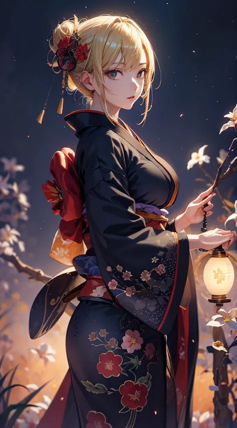 masterpiece, high quality, 4K, Beautiful design, silhouette，blonde， 非常に詳細な夜のStarry Sky,Flower Field， wonderful, Finer details,  Very knowledgeable woman, Highly detailed solo, 1 female,Big Breasts，Red colored kimono，Night view，Starry Sky，full moon，