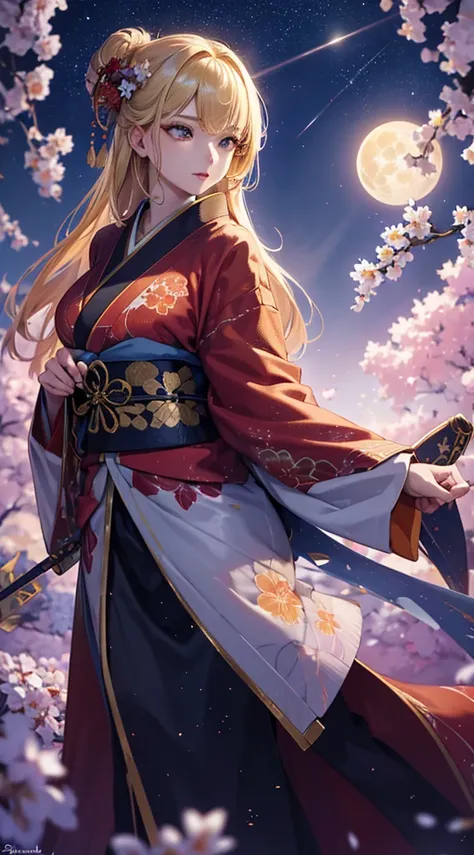 masterpiece, high quality, 4K, Beautiful design, blonde， 非常に詳細な夜のStarry Sky,Flower Field， wonderful, Finer details,  Very knowledgeable woman, Highly detailed solo, 1 female,Big Breasts，Red colored kimono，Night view，Starry Sky，full moon，