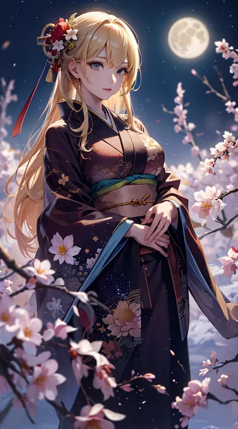 masterpiece, high quality, 4K, Beautiful design, blonde， 非常に詳細な夜のStarry Sky,Flower Field， wonderful, Finer details,  Very knowledgeable woman, Highly detailed solo, 1 female,Big Breasts，Red colored kimono，Night view，Starry Sky，full moon，