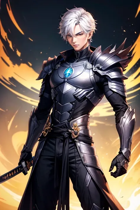 Personagem masculino, with advanced black technology armor, cabelos pretos,(( olho amarelos)),( corpo inteiro), (holding a technological katana)