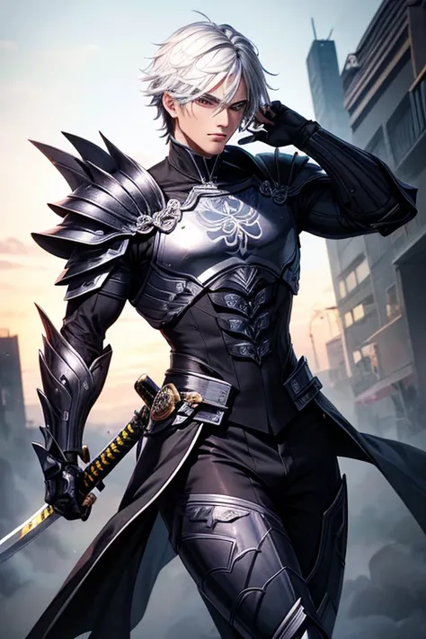 Personagem masculino, with advanced black technology armor, cabelos pretos,(( olho amarelos)),( corpo inteiro), (holding a technological katana)