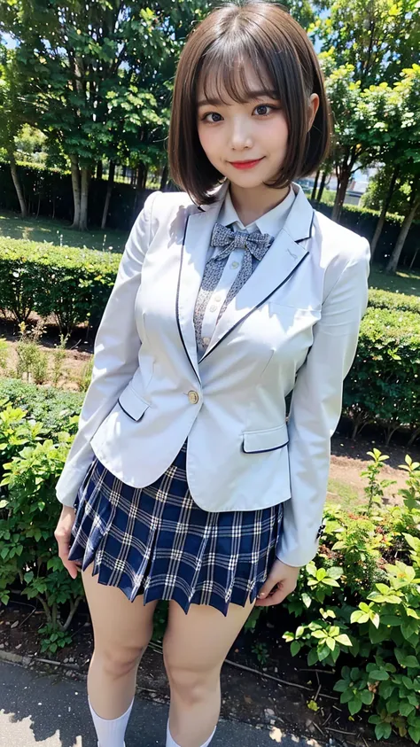 (8k、RAW Photos、highest quality、masterpiece:1.2)、(Realistic、Realistic)、1 girl、((Navy Blue Blazer、 uniform、shirt、Black socks、White checked mini skirt、Big Breasts、View from the front、loafers、garden、smile、whole body、Short Hair、Standing with hands on hips))、Lot...