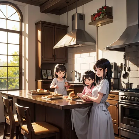 Smiling children and their mothers, Making pastries and pies, Home kitchen with large windows, Natural light, Very detailed.