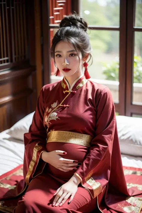 (Ultra-realistic 8k CG:1.2),perfect work of art,Exquisite pattern,Intricate details, (An unrivalled masterpiece,best quality:1.2),(extremely complex:1.2),a woman in a Red and gold dress, Phoenix Coronet,hair stick,(sitting on Red bed),cosmetic,blush,Shy,Bl...