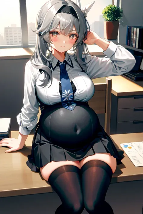 1 Girl， solo， （（White shirt））， 黑色thigh， Medium breasts，， Uniforms， Office background， a black skirt， Pleated Skirt， Office， Hair between the eyes， Brown eyes， Flower pupil， Medium breasts， Long gray hair， Looking at the audience， Dark brown hair， Short bro...