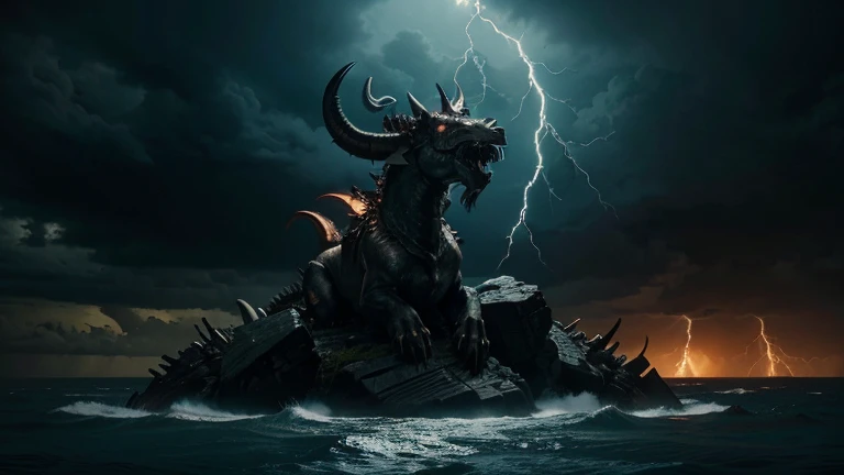 "A dramatic and intense scene depicting the two beasts from the Book of Revelation. The first beast rises from the sea, monstrous and terrifying, with ten horns and seven heads, each adorned with blasphemous names. Its body is a grotesque amalgamation of d...