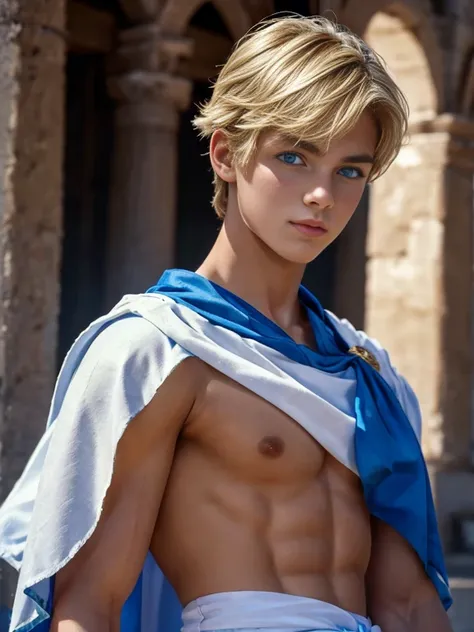 portrait, 1boy, 17 years old, wears greek toga, ancient greece, handsome, greek model, blonde boy, blue eyes, symmetrical, focus...