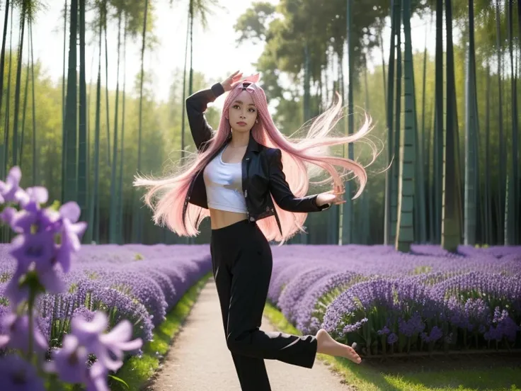 masterpiece, Best quality, Realistic, 
1 fille, Yujiasuit, （Gilet de yoga blanc：1.2）,  seul, Pose，Scene details， cheveux roses, Baisse les yeux et souris，silhouette fine parfaite，((Pantalon de yoga moulant de couleur vive, Yeux violets, very long pink hair...