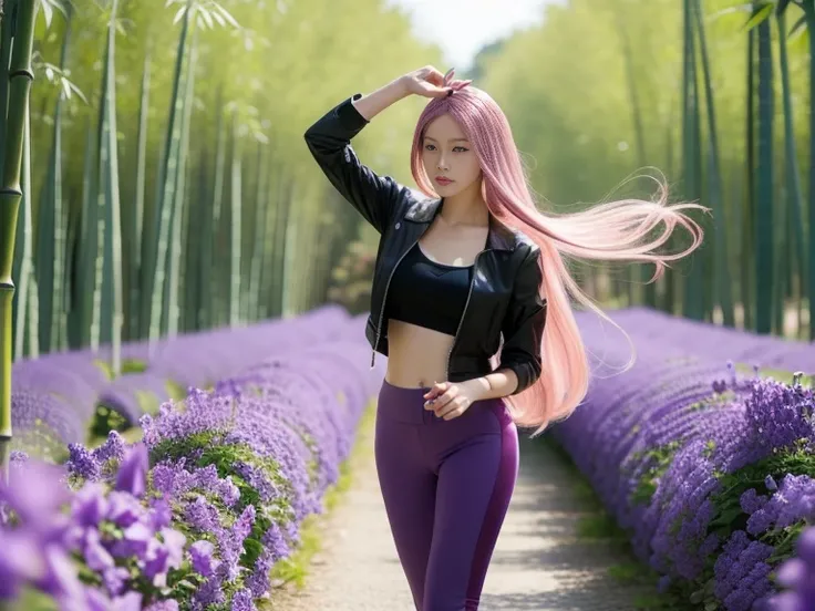 masterpiece, Best quality, Realistic, 
1 fille, Yujiasuit, （Gilet de yoga blanc：1.2）,  seul, Pose，Scene details， cheveux roses, Baisse les yeux et souris，silhouette fine parfaite，((Pantalon de yoga moulant de couleur vive, Yeux violets, very long pink hair...