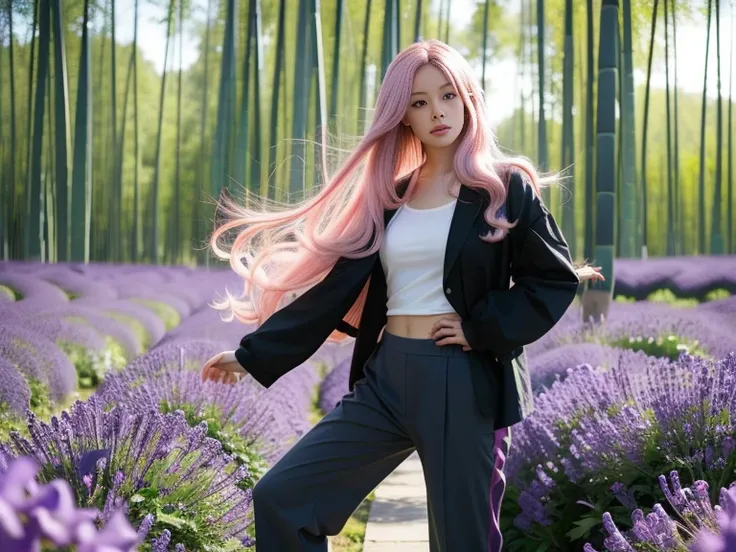 masterpiece, Best quality, Realistic, 
1 fille, Yujiasuit, （Gilet de yoga blanc：1.2）,  seul, Pose，Scene details， cheveux roses, Baisse les yeux et souris，silhouette fine parfaite，((Pantalon de yoga moulant de couleur vive, Yeux violets, very long pink hair...