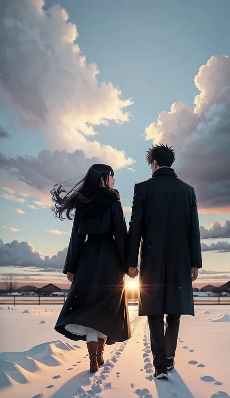 anime scene of a couple standing on a snowy field with the sky in the background,i can't see facial expressions，the man is weari...